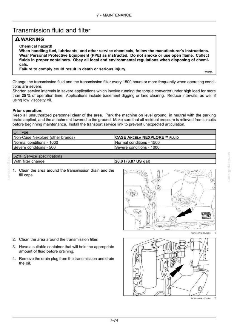 May include: A maintenance manual page detailing transmission fluid and filter servicing. Includes warnings about chemical hazards and instructions for changing the fluid and filter. The image shows diagrams of the transmission components.