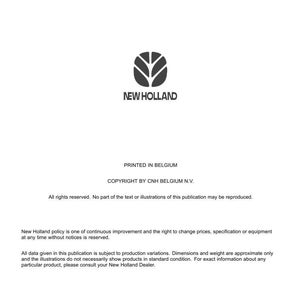 May include: A white document with the New Holland logo and text. The document includes the company's address in Belgium, technical information, copyright details, and a date at the bottom.