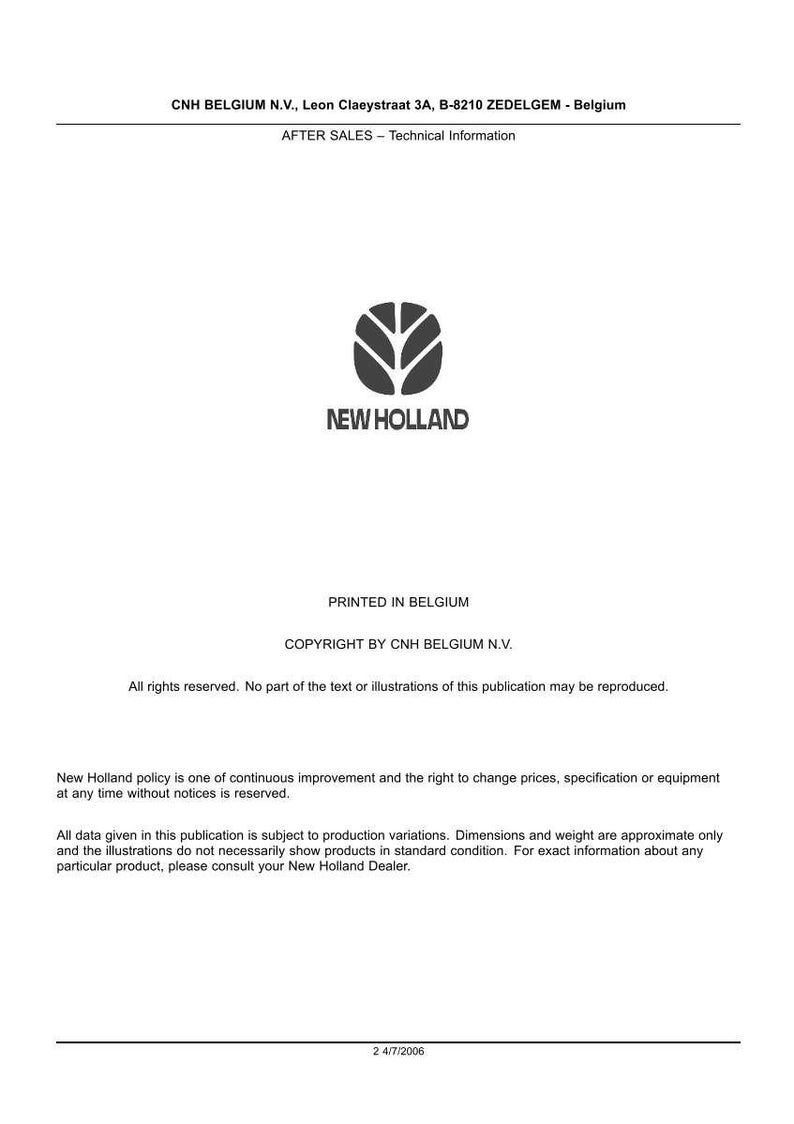 May include: A white document with the New Holland logo and text. The document includes the company's address in Belgium, technical information, copyright details, and a date at the bottom.