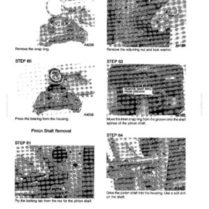 May include: A technical diagram detailing pinion shaft removal. Instructions include removing snap rings, adjusting nuts, and pressing bearings. Text includes "Pinion Shaft Removal" and "Printed in U.S.A."