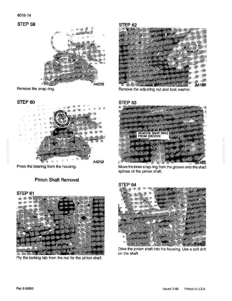 May include: A technical diagram detailing pinion shaft removal. Instructions include removing snap rings, adjusting nuts, and pressing bearings. Text includes "Pinion Shaft Removal" and "Printed in U.S.A."