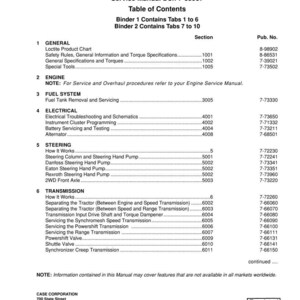 Pu&ograve; includere: Manuale di servizio per trattori MX100, MX110, MX120 e MX135. Il sommario include sezioni su informazioni generali, motore, sistema carburante, impianto elettrico, sterzo e trasmissione. Stampato negli Stati Uniti.
