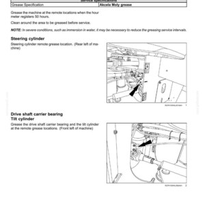May include: A technical manual page titled 7-MAINTENANCE Grease machine and attachments. It includes text instructions for machine grease fittings, Akcela Moly grease specifications, and two black and white line drawings showing grease locations.