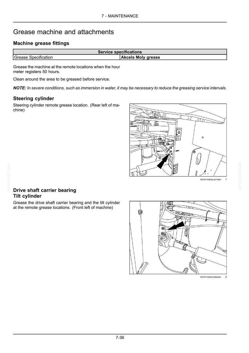 May include: A technical manual page titled 7-MAINTENANCE Grease machine and attachments. It includes text instructions for machine grease fittings, Akcela Moly grease specifications, and two black and white line drawings showing grease locations.