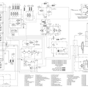 May include: A detailed engineering diagram with numerous interconnected components, lines, and labels. The diagram is in black and white, showcasing various mechanical and electrical systems. The layout includes multiple sections with specific functions, such as pumps and valves.