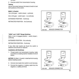 May include: A technical manual page titled SECTION 55 - ELECTRICAL SYSTEM - CHAPTER 1, detailing testing procedures for Main 1-2 and HIGH/LOW range switches. It includes text instructions and two diagrams showing an ohmmeter connected to a switch.