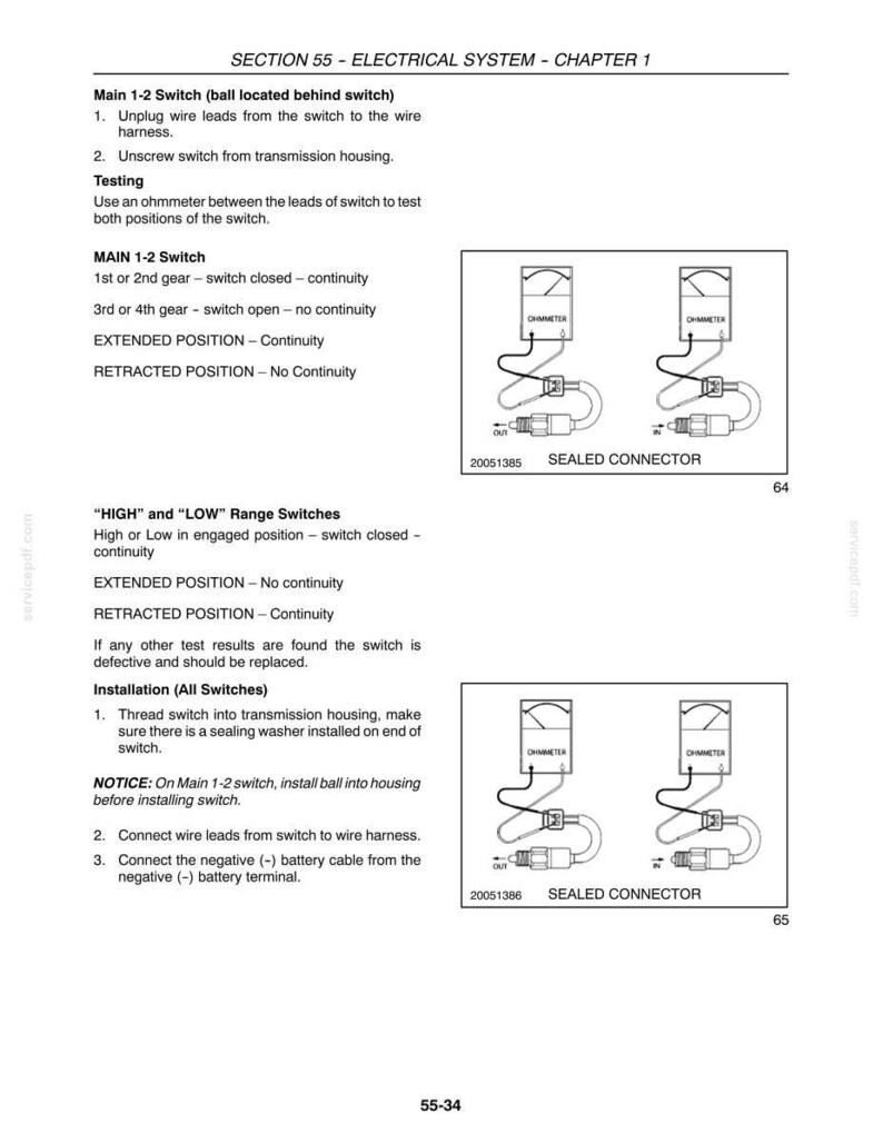 May include: A technical manual page titled SECTION 55 - ELECTRICAL SYSTEM - CHAPTER 1, detailing testing procedures for Main 1-2 and HIGH/LOW range switches. It includes text instructions and two diagrams showing an ohmmeter connected to a switch.