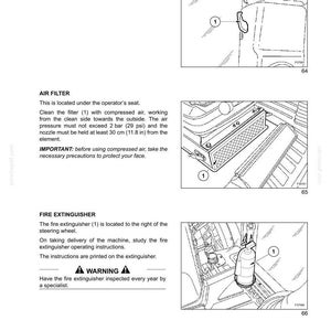 May include: Diagram illustrating vehicle interior components: a coat hanger hook, air filter, and fire extinguisher. The air filter is beneath the operator's seat. The fire extinguisher is positioned to the right of the steering wheel.