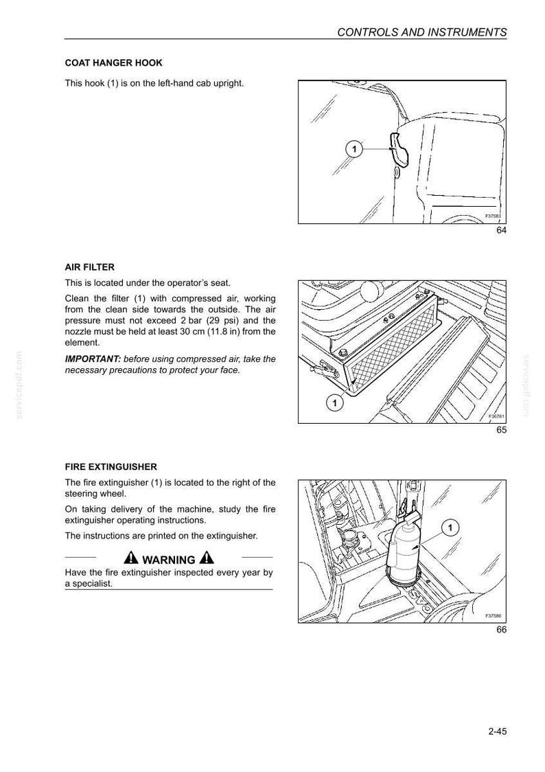 May include: Diagram illustrating vehicle interior components: a coat hanger hook, air filter, and fire extinguisher. The air filter is beneath the operator's seat. The fire extinguisher is positioned to the right of the steering wheel.