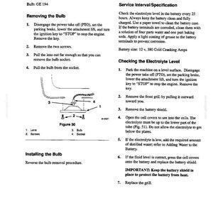 Op de afbeelding: Een pagina uit een technisch handboek getiteld Onderhoud met instructies voor achterlichten en de accu. Het bevat een diagram genaamd Figuur 50 met een lamp, lens, schroeven en fitting, naast genummerde stappen voor onderhoud en vervanging.