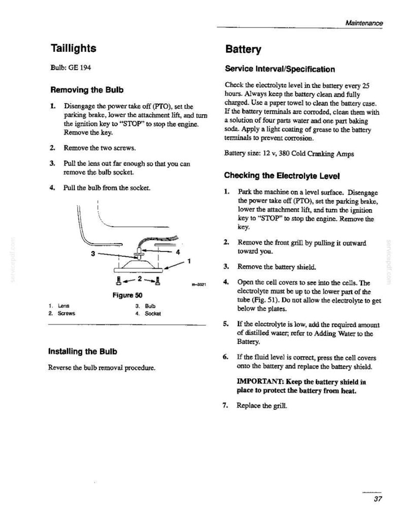Op de afbeelding: Een pagina uit een technisch handboek getiteld Onderhoud met instructies voor achterlichten en de accu. Het bevat een diagram genaamd Figuur 50 met een lamp, lens, schroeven en fitting, naast genummerde stappen voor onderhoud en vervanging.