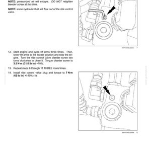 May include: Diagram of a front loader hydraulic system with instructions. The image shows close-ups of components with arrows indicating steps. Text includes torque specifications in inch-pounds and the warning "DO NOT retighten".