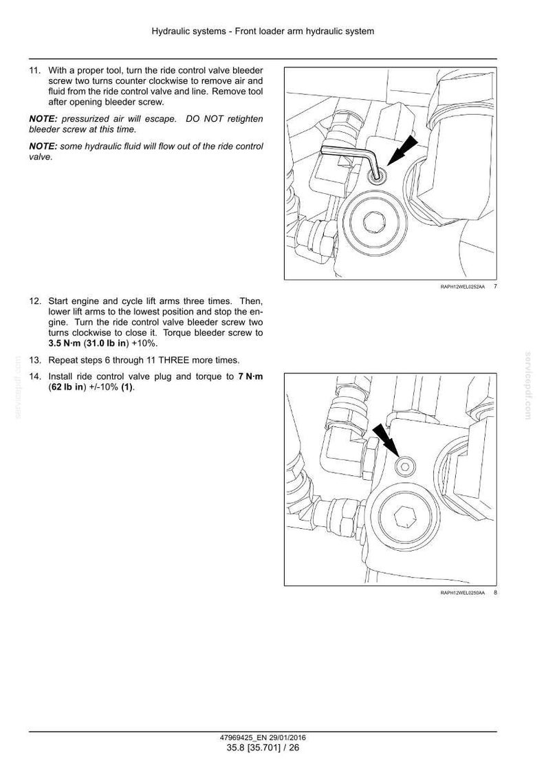 May include: Diagram of a front loader hydraulic system with instructions. The image shows close-ups of components with arrows indicating steps. Text includes torque specifications in inch-pounds and the warning "DO NOT retighten".