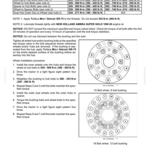 May include: A technical document page titled 6-WORKING OPERATIONS detailing wheel installation procedures. It includes a bolt torque table for 10 and 18 bolt wheels, instructional text, and two circular diagrams showing numbered bolt tightening sequences.