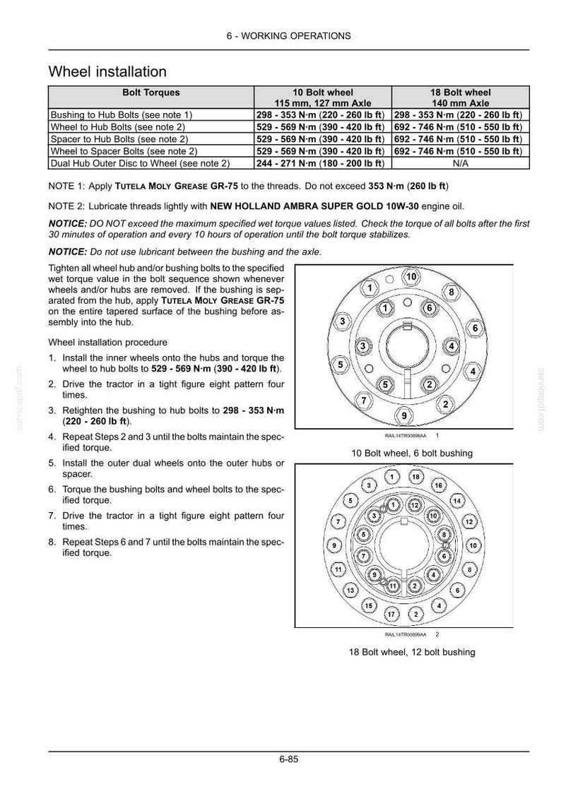 May include: A technical document page titled 6-WORKING OPERATIONS detailing wheel installation procedures. It includes a bolt torque table for 10 and 18 bolt wheels, instructional text, and two circular diagrams showing numbered bolt tightening sequences.
