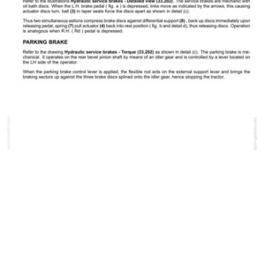 May include: A page from a manual detailing hydraulic service brakes, including dynamic descriptions and parking brake mechanisms. Text explains the function of brake components and their operation. The page includes diagrams and references to specific parts.