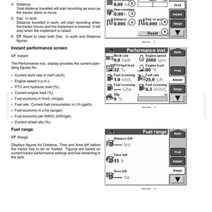 Puede incluir: Una p&aacute;gina de manual t&eacute;cnico titulada 3-CONTROLS AND INSTRUMENTS que muestra tres pantallas digitales en blanco y negro para un tractor. Las pantallas presentan m&eacute;tricas de productividad, estad&iacute;sticas de rendimiento y datos de autonom&iacute;a de combustible.