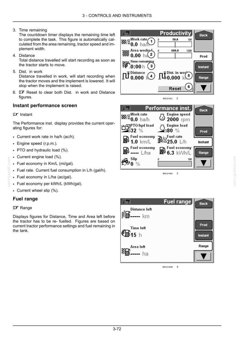 Puede incluir: Una p&aacute;gina de manual t&eacute;cnico titulada 3-CONTROLS AND INSTRUMENTS que muestra tres pantallas digitales en blanco y negro para un tractor. Las pantallas presentan m&eacute;tricas de productividad, estad&iacute;sticas de rendimiento y datos de autonom&iacute;a de combustible.