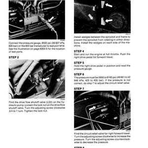 May include: A black and white technical diagram with instructions for drive circuit relief valves. The diagram includes steps for connecting a pressure gauge, installing wedges, and adjusting valves. Text includes pressure measurements in psi and kPa.