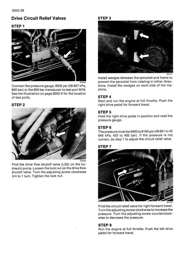 May include: A black and white technical diagram with instructions for drive circuit relief valves. The diagram includes steps for connecting a pressure gauge, installing wedges, and adjusting valves. Text includes pressure measurements in psi and kPa.