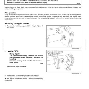 Puede incluir: P&aacute;gina de un manual de mantenimiento que detalla la sustituci&oacute;n de dientes y espigas de ripper. El texto incluye advertencias sobre objetos voladores y componentes pesados, con diagramas que ilustran el proceso.