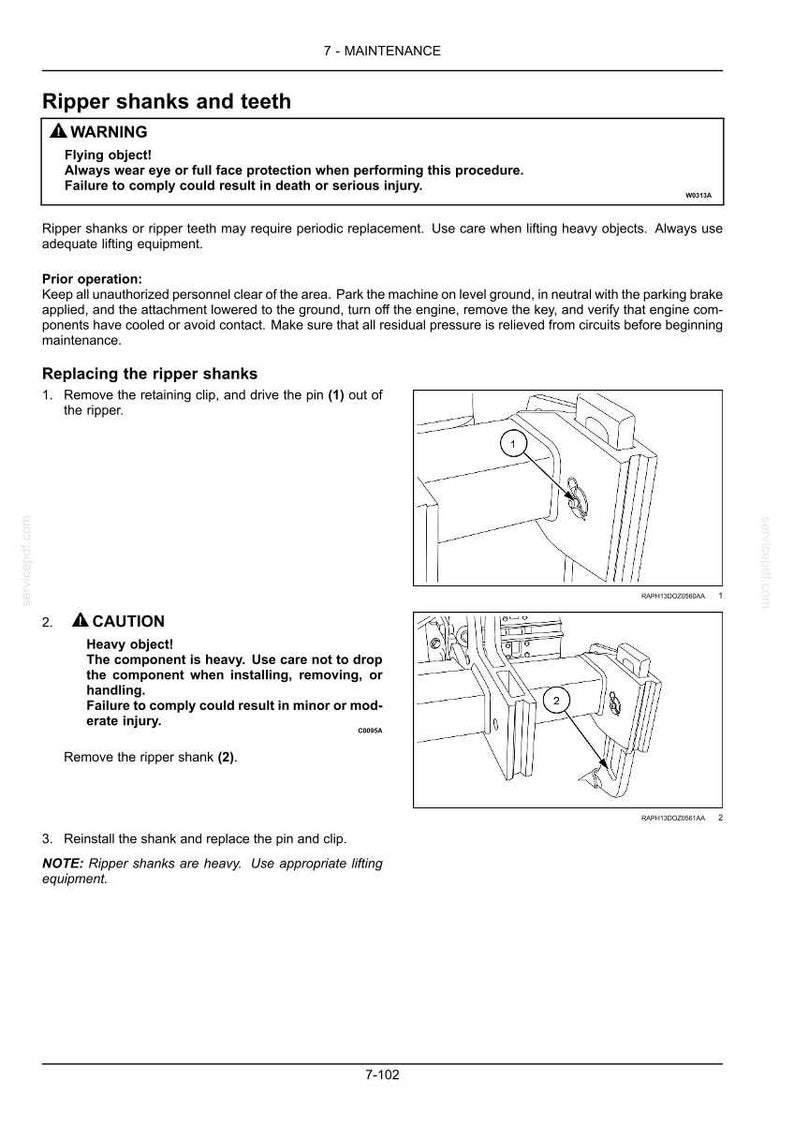 Puede incluir: P&aacute;gina de un manual de mantenimiento que detalla la sustituci&oacute;n de dientes y espigas de ripper. El texto incluye advertencias sobre objetos voladores y componentes pesados, con diagramas que ilustran el proceso.