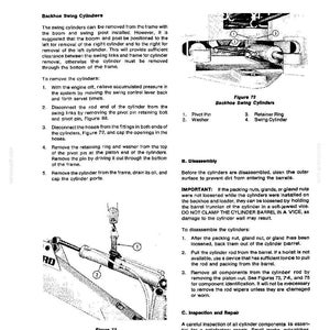 May include: A page from a Ford 6500-7500 manual, detailing backhoe swing cylinder removal. Includes diagrams of cylinder components and removal steps. Printed in the USA in 1974.