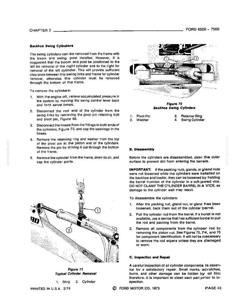 May include: A page from a Ford 6500-7500 manual, detailing backhoe swing cylinder removal. Includes diagrams of cylinder components and removal steps. Printed in the USA in 1974.