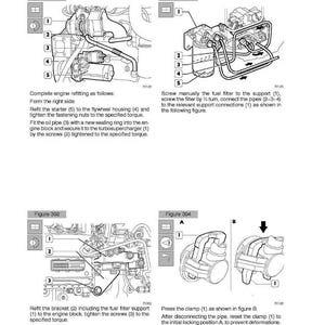May include: Diagram of engine components with labels and instructions for reassembly. Includes figures 391, 392, 393, and 394, detailing steps such as refitting the starter, connecting pipes, and tightening screws. Text provides torque specifications and refitting procedures.