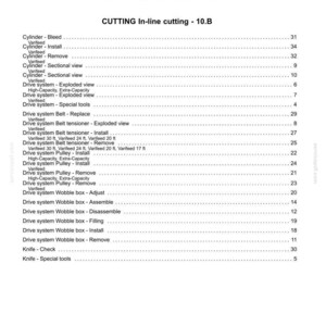 May include: A technical index page titled CROP PROCESSING - K and CUTTING In-line cutting - 10.B, listing maintenance procedures for cylinders, drive systems, belts, pulleys, and wobble boxes with corresponding page numbers for reference.