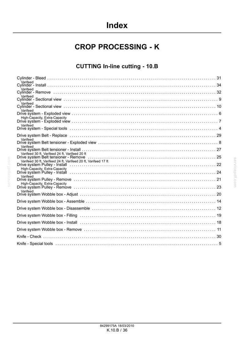May include: A technical index page titled CROP PROCESSING - K and CUTTING In-line cutting - 10.B, listing maintenance procedures for cylinders, drive systems, belts, pulleys, and wobble boxes with corresponding page numbers for reference.