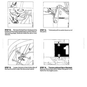 May include: Diagrams illustrating steps for electrical equipment maintenance. Includes instructions for removing bolts, twisting levers, and loosening bolts on a tractor's instrument panel. Text includes step numbers and descriptions.