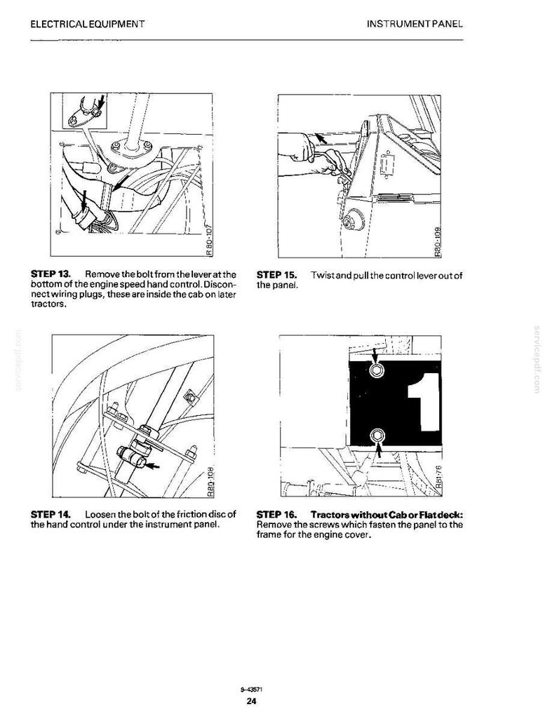 May include: Diagrams illustrating steps for electrical equipment maintenance. Includes instructions for removing bolts, twisting levers, and loosening bolts on a tractor's instrument panel. Text includes step numbers and descriptions.
