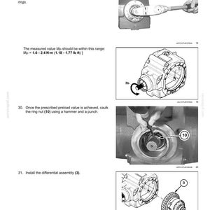 May include: Diagram of a rear axle system with a bevel gear set and differential. Includes instructions for measuring rolling torque, caulking the ring nut, and installing the differential assembly. Measurements are in N-m and lb ft.