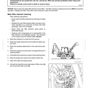 May include: A technical maintenance document page titled Air filter elements - cleaning. It includes a warning about flying debris, instructions for cleaning main filter elements, a diagram of a backhoe loader, and a diagram showing filter cover clips.