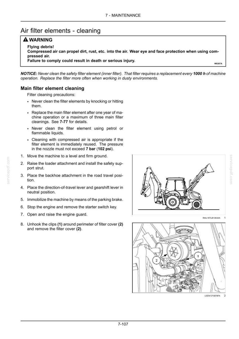 May include: A technical maintenance document page titled Air filter elements - cleaning. It includes a warning about flying debris, instructions for cleaning main filter elements, a diagram of a backhoe loader, and a diagram showing filter cover clips.