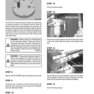 May include: A technical manual page with instructions for hydraulic system maintenance. The page includes diagrams of hydraulic components, step-by-step procedures, and safety warnings. Text includes "Air Relief Plug" and "Hydraulic Hose".
