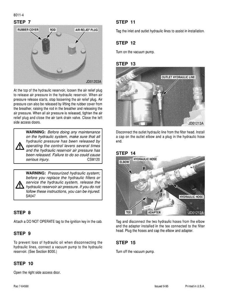 May include: A technical manual page with instructions for hydraulic system maintenance. The page includes diagrams of hydraulic components, step-by-step procedures, and safety warnings. Text includes "Air Relief Plug" and "Hydraulic Hose".