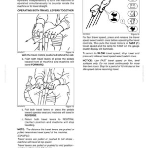 Pu&ograve; includere: Una pagina di manuale tecnico intitolata Chapter 4 Operating Instructions con disegni al tratto in bianco e nero dei comandi di traslazione della macchina, leve di marcia e un selettore di velocit&agrave; con icone di lepre e tartaruga.