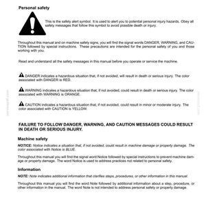May include: A document page titled 2-SAFETY INFORMATION containing safety rules and signal word definitions. It features a black safety alert symbol and text explaining DANGER, WARNING, CAUTION, NOTICE, and NOTE with their associated colors.
