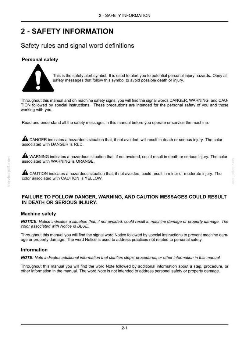 May include: A document page titled 2-SAFETY INFORMATION containing safety rules and signal word definitions. It features a black safety alert symbol and text explaining DANGER, WARNING, CAUTION, NOTICE, and NOTE with their associated colors.