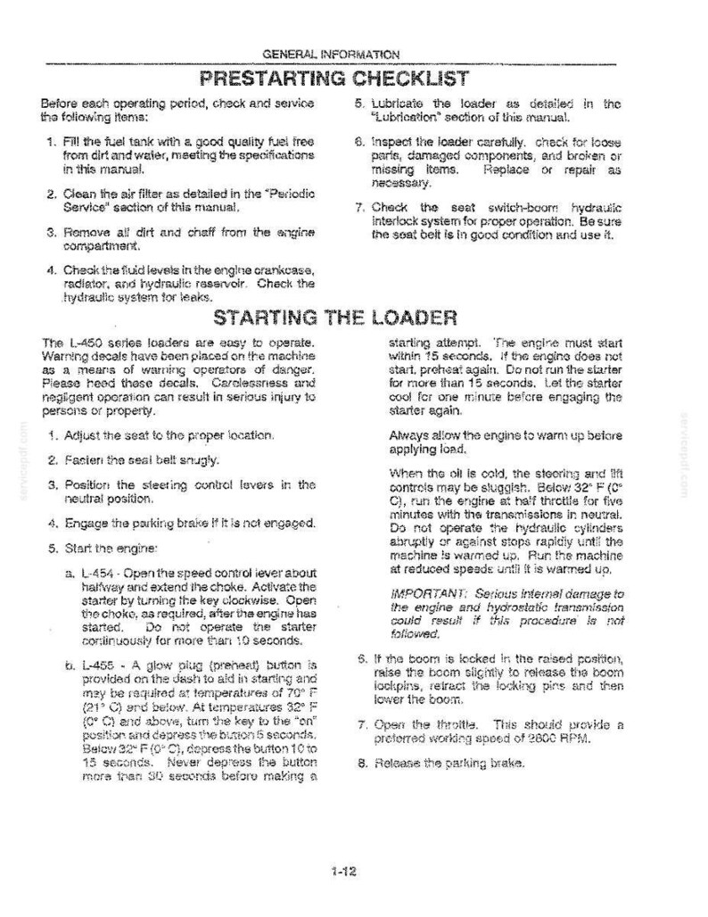 K&ouml;nnte beinhalten: Eine Seite aus einem Handbuch mit der &Uuml;berschrift "PRESTARTING CHECKLIST" und Anweisungen f&uuml;r die Bedienung eines Laders. Der Text ist schwarz auf wei&szlig;em Hintergrund.