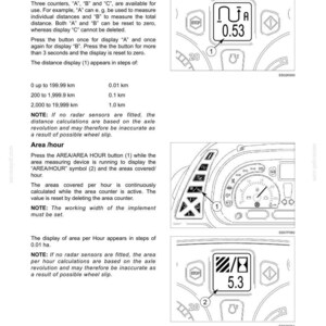 May include: A technical manual page titled FITTINGS/OPERATING ELEMENTS detailing odometer and area per hour functions. It includes diagrams of a digital display showing 0.53 km and 5.3 ha, alongside a control panel with numbered buttons and icons.