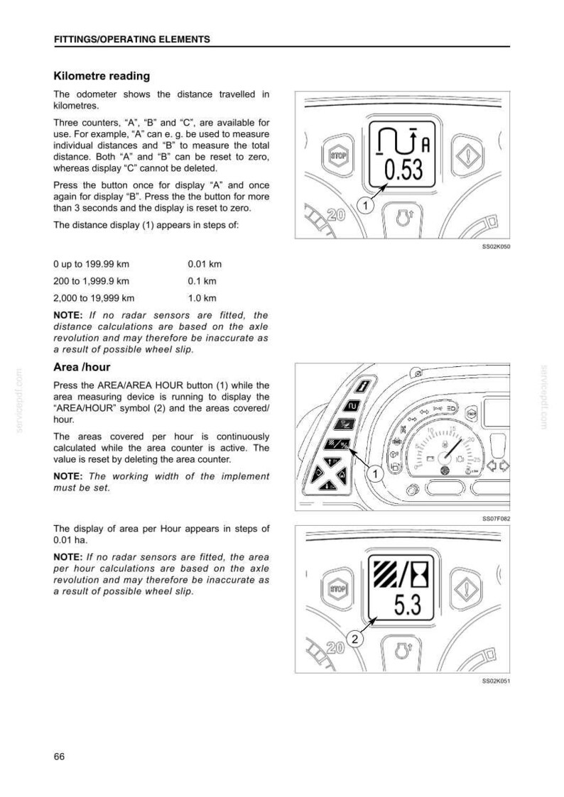 May include: A technical manual page titled FITTINGS/OPERATING ELEMENTS detailing odometer and area per hour functions. It includes diagrams of a digital display showing 0.53 km and 5.3 ha, alongside a control panel with numbered buttons and icons.