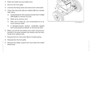 May include: Diagram of a tractor's radiator and oil cooler fin, with labels for cleaning instructions. The image includes a detailed view of the components and numbered steps for maintenance, including removing the intercooler and cleaning with compressed air.