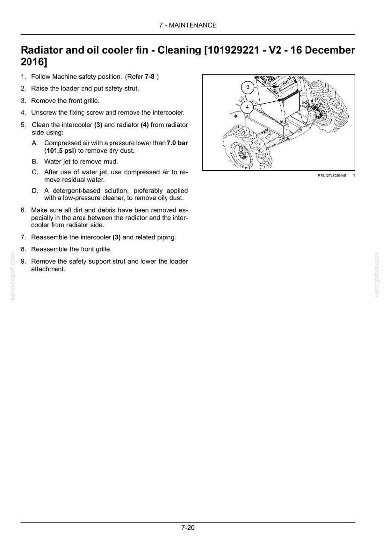 May include: Diagram of a tractor's radiator and oil cooler fin, with labels for cleaning instructions. The image includes a detailed view of the components and numbered steps for maintenance, including removing the intercooler and cleaning with compressed air.