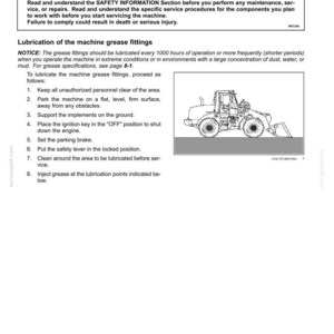 May include: A maintenance manual page with instructions for lubricating a machine's grease fittings. The page includes a warning about improper operation and a diagram of the machine. The text details the steps to lubricate the fittings.