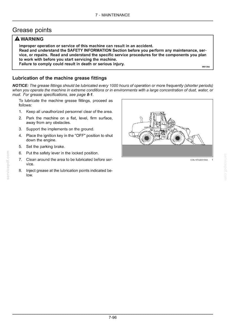 May include: A maintenance manual page with instructions for lubricating a machine's grease fittings. The page includes a warning about improper operation and a diagram of the machine. The text details the steps to lubricate the fittings.