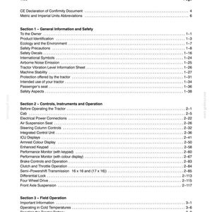 K&ouml;nnte beinhalten: Eine schwarz-wei&szlig;e Inhaltsverzeichnisseite f&uuml;r ein Traktorhandbuch. Das Dokument listet Abschnitte wie Allgemeine Informationen und Sicherheit, Bedienelemente, Instrumente und Betrieb sowie Feldbetrieb mit entsprechenden Seitenzahlen auf.