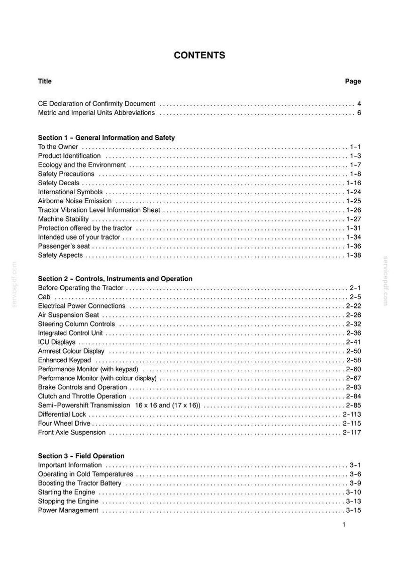 K&ouml;nnte beinhalten: Eine schwarz-wei&szlig;e Inhaltsverzeichnisseite f&uuml;r ein Traktorhandbuch. Das Dokument listet Abschnitte wie Allgemeine Informationen und Sicherheit, Bedienelemente, Instrumente und Betrieb sowie Feldbetrieb mit entsprechenden Seitenzahlen auf.